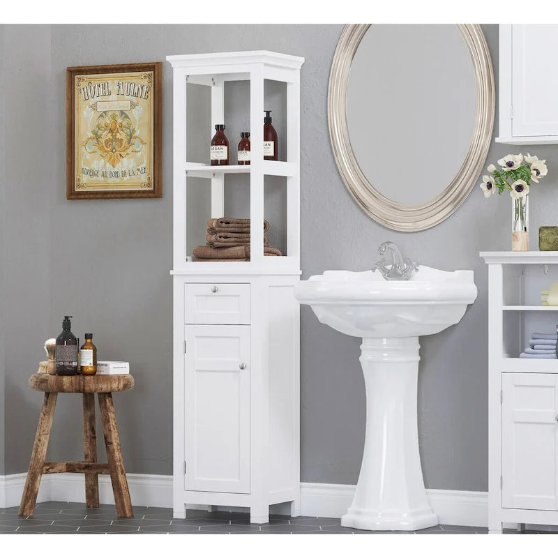 Meuble de rangement autoportant COSTARS pour salle de bain avec deux étagères ouvertes, colonne haute et mince avec porte et tiroir
