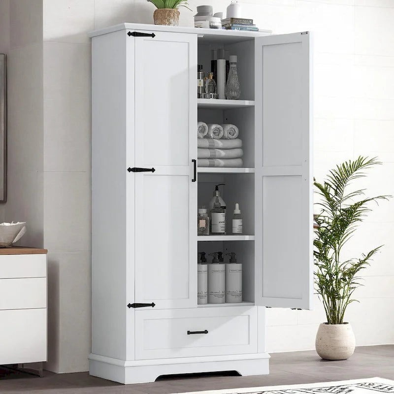 Meuble de salle de bain haut, meuble avec deux portes et un tiroir, étagère réglable, panneau MDF, blanc