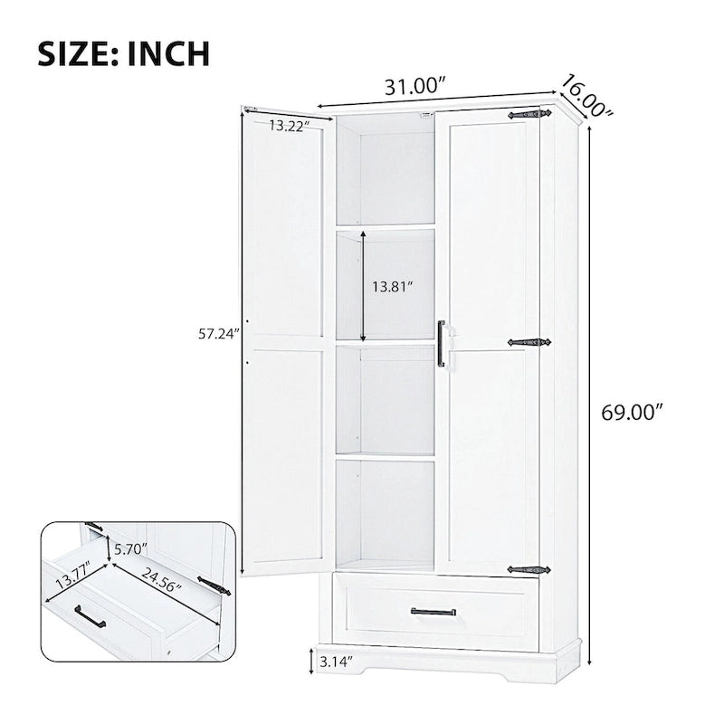 Meuble de salle de bain haut, meuble avec deux portes et un tiroir, étagère réglable, panneau MDF, blanc