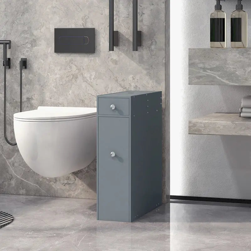 Meuble de rangement de salle de bain HOMCOM gris, autoportant, peu encombrant, étroit, avec support de papier toilette et tiroirs