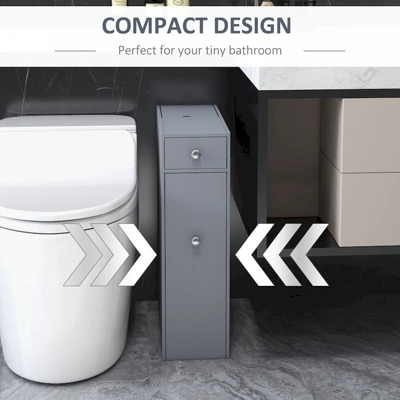 Meuble de rangement de salle de bain HOMCOM gris, autoportant, peu encombrant, étroit, avec support de papier toilette et tiroirs