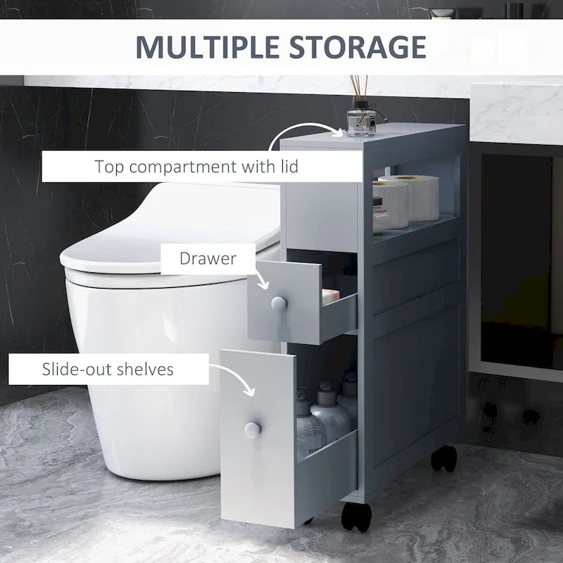 Meuble de rangement de salle de bain HOMCOM gris, autoportant, peu encombrant, étroit, avec support de papier toilette et tiroirs