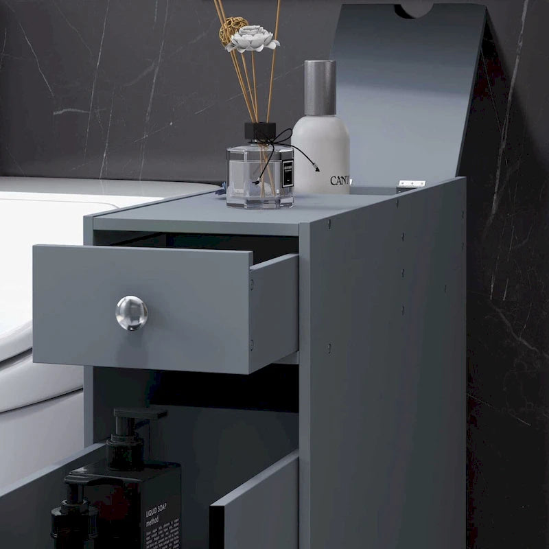 Meuble de rangement de salle de bain HOMCOM gris, autoportant, peu encombrant, étroit, avec support de papier toilette et tiroirs
