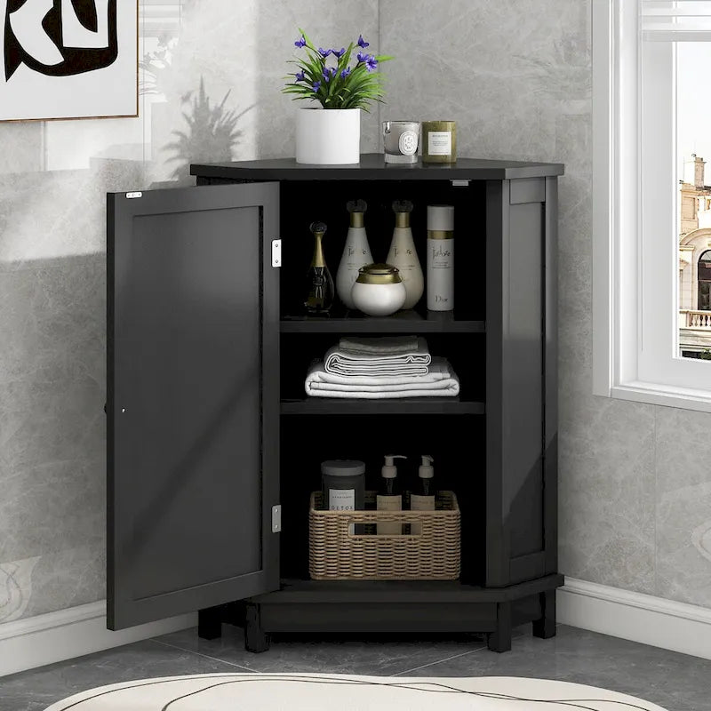 Meuble de salle de bain noir, meuble de rangement d'angle triangulaire avec étagère réglable, panneau MDF de style moderne