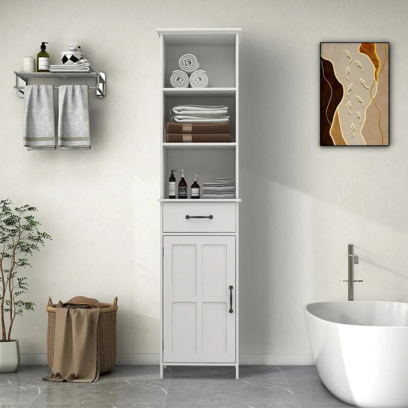 Meuble de salle de bain en bois 65H avec porte simple et étagères