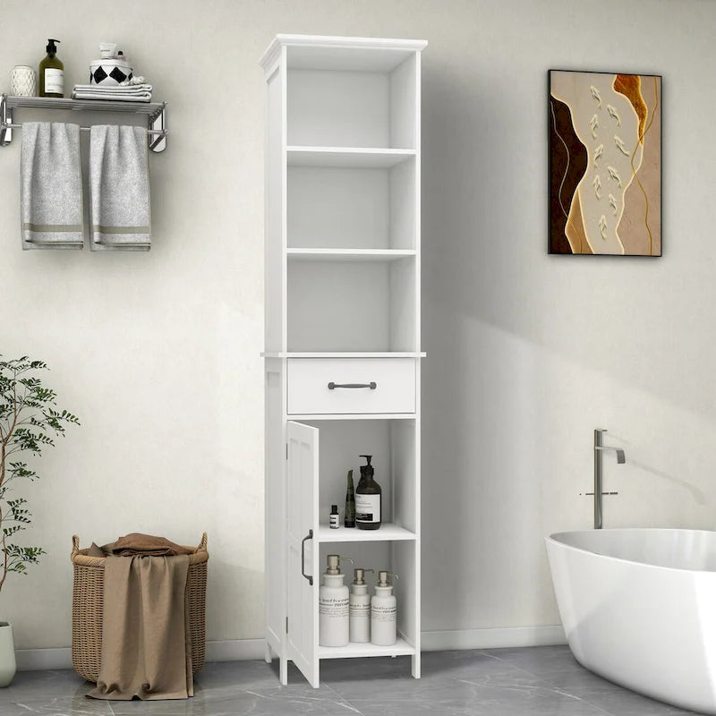 Meuble de salle de bain en bois 65H avec porte simple et étagères