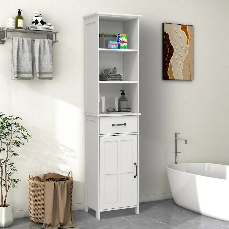 Meuble de salle de bain en bois 65H avec porte simple et étagères