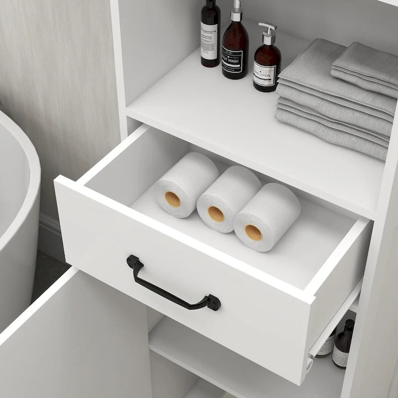 Meuble de salle de bain en bois 65H avec porte simple et étagères