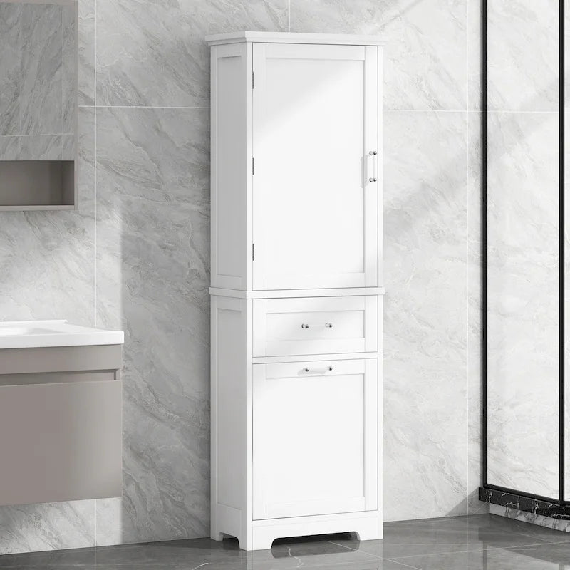 68 Meuble de salle de bain haut en bois blanc à 1 porte avec tiroirs et étagère réglable