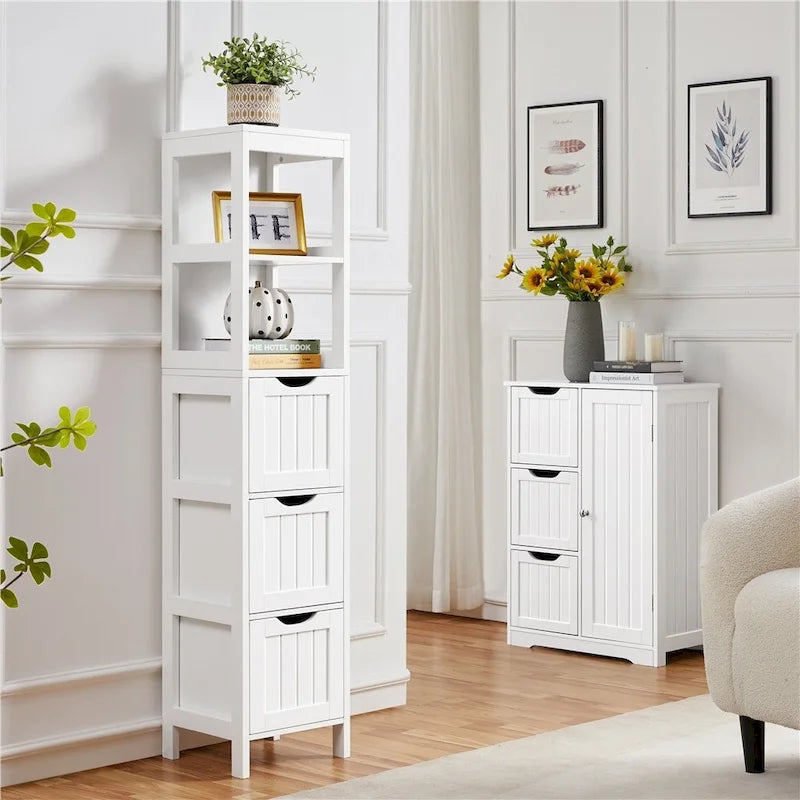Yaheetech Armoire de Rangement de Salle de Bain Moderne avec 3 Tiroirs et 2 Étagères Ouvertes, Blanc - N/A