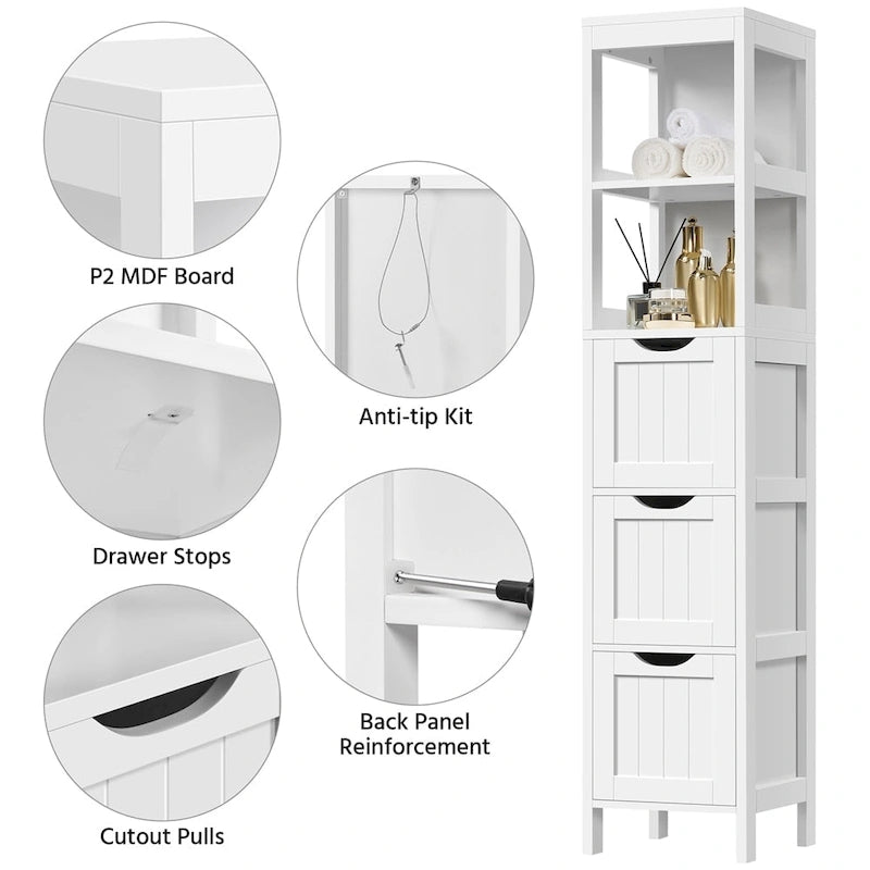 Yaheetech Armoire de Rangement de Salle de Bain Moderne avec 3 Tiroirs et 2 Étagères Ouvertes, Blanc - N/A