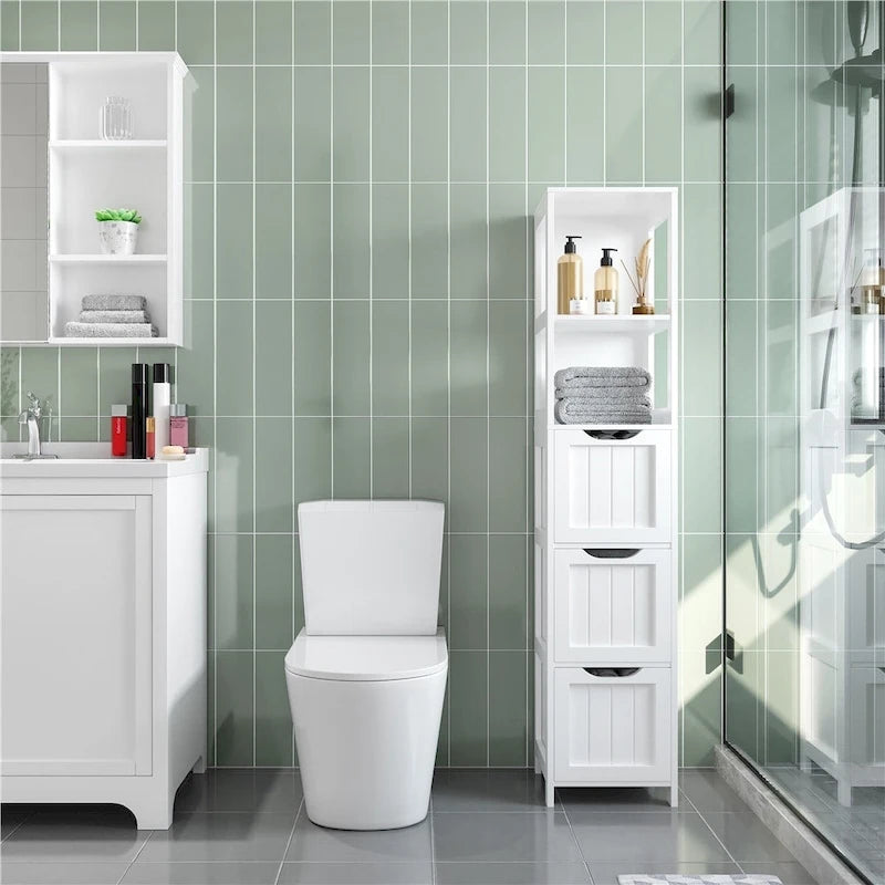 Yaheetech Armoire de Rangement de Salle de Bain Moderne avec 3 Tiroirs et 2 Étagères Ouvertes, Blanc - N/A