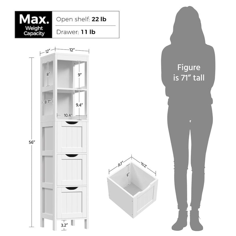 Yaheetech Armoire de Rangement de Salle de Bain Moderne avec 3 Tiroirs et 2 Étagères Ouvertes, Blanc - N/A
