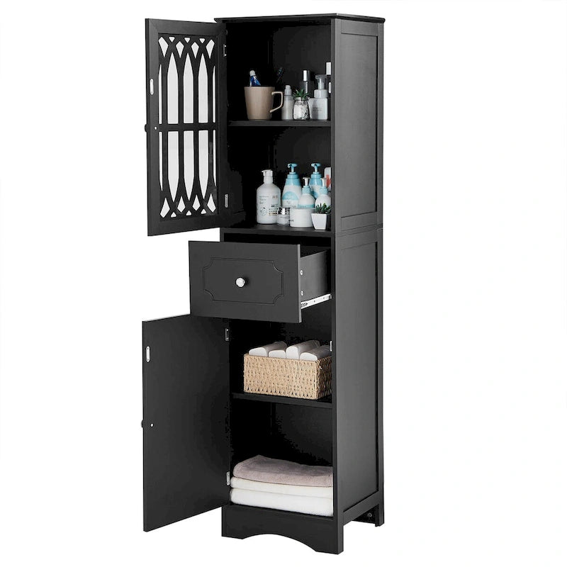 Meuble de rangement de salle de bain autoportant avec tiroir et portes, étagère réglable