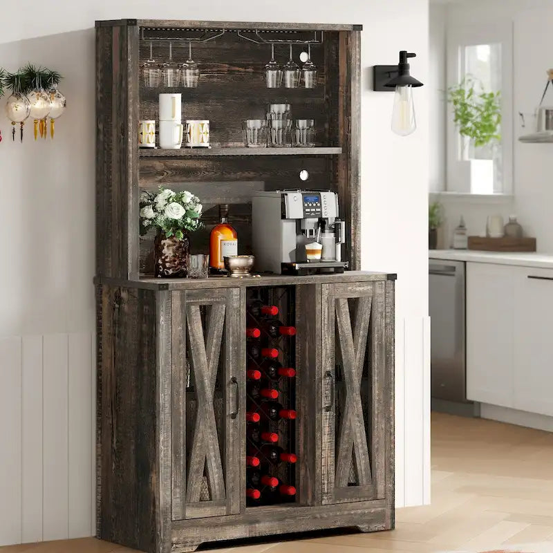 Meuble bar de ferme Moasis avec casier à vin et lumières LED, buffet bahut de rangement pour salle à manger