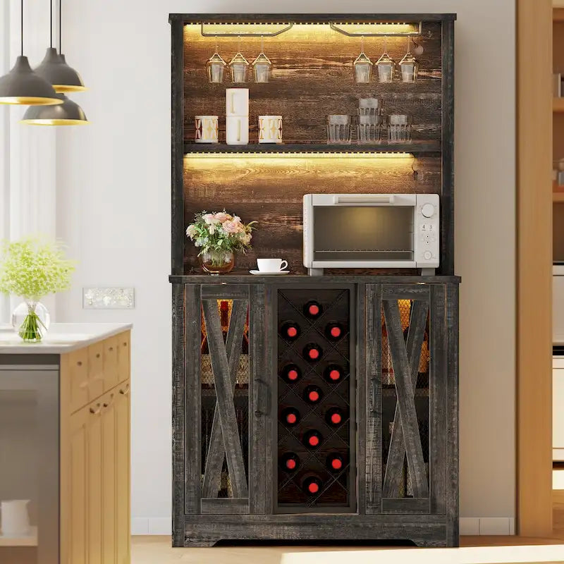 Meuble bar de ferme Moasis avec casier à vin et lumières LED, buffet bahut de rangement pour salle à manger