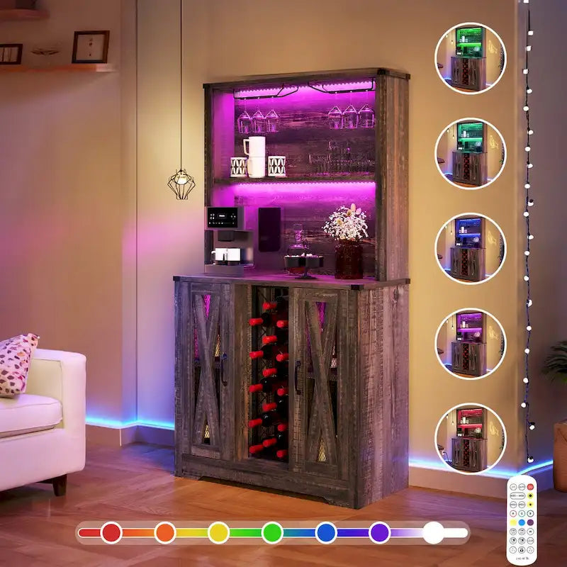 Meuble bar de ferme Moasis avec casier à vin et lumières LED, buffet bahut de rangement pour salle à manger