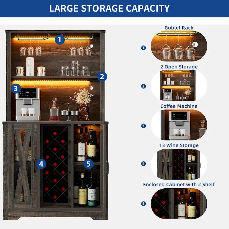 Meuble bar de ferme Moasis avec casier à vin et lumières LED, buffet bahut de rangement pour salle à manger