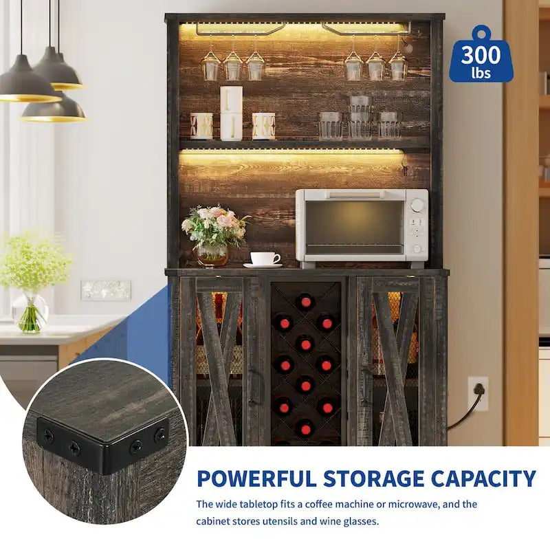 Meuble bar de ferme Moasis avec casier à vin et lumières LED, buffet bahut de rangement pour salle à manger