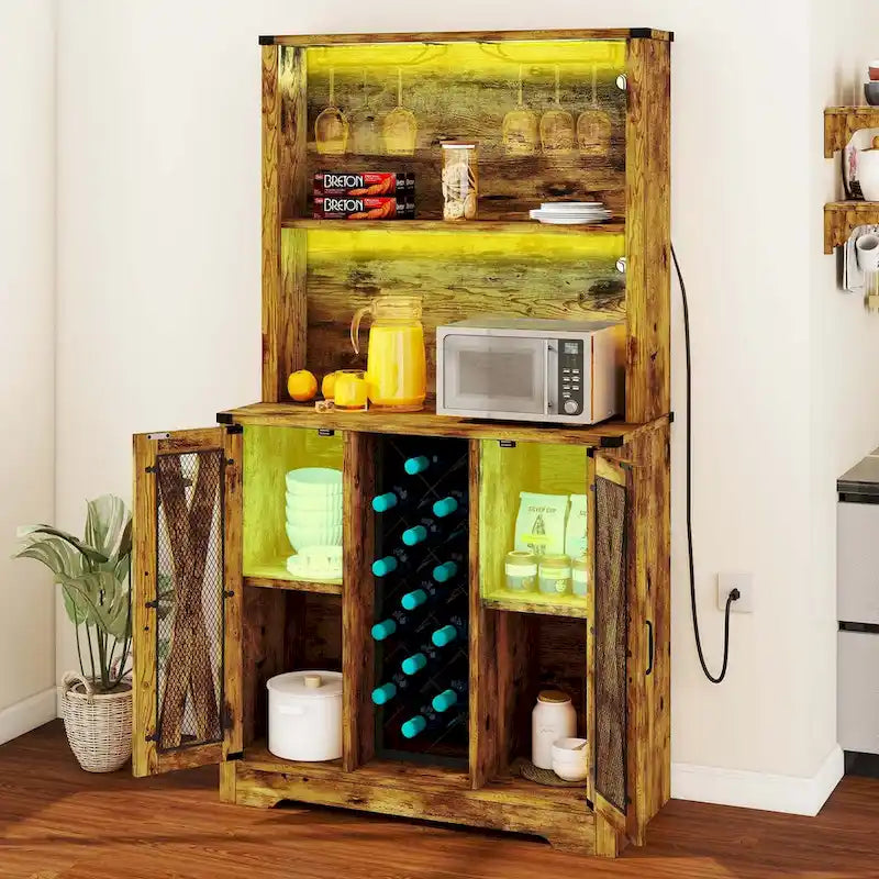 Meuble bar de ferme Moasis avec casier à vin et lumières LED, buffet bahut de rangement pour salle à manger