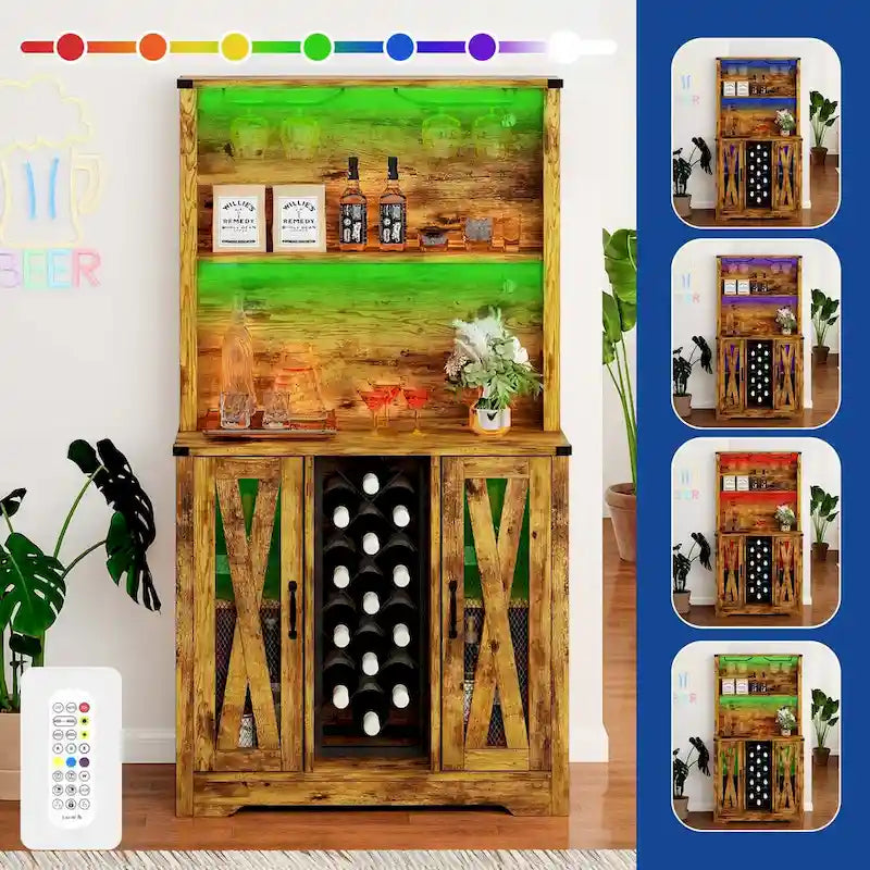 Meuble bar de ferme Moasis avec casier à vin et lumières LED, buffet bahut de rangement pour salle à manger