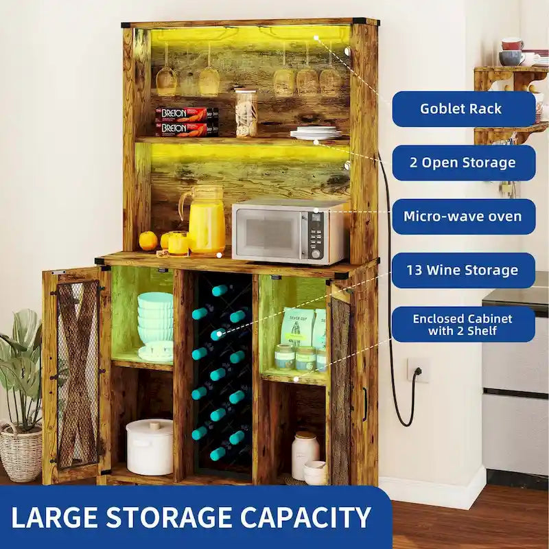 Meuble bar de ferme Moasis avec casier à vin et lumières LED, buffet bahut de rangement pour salle à manger