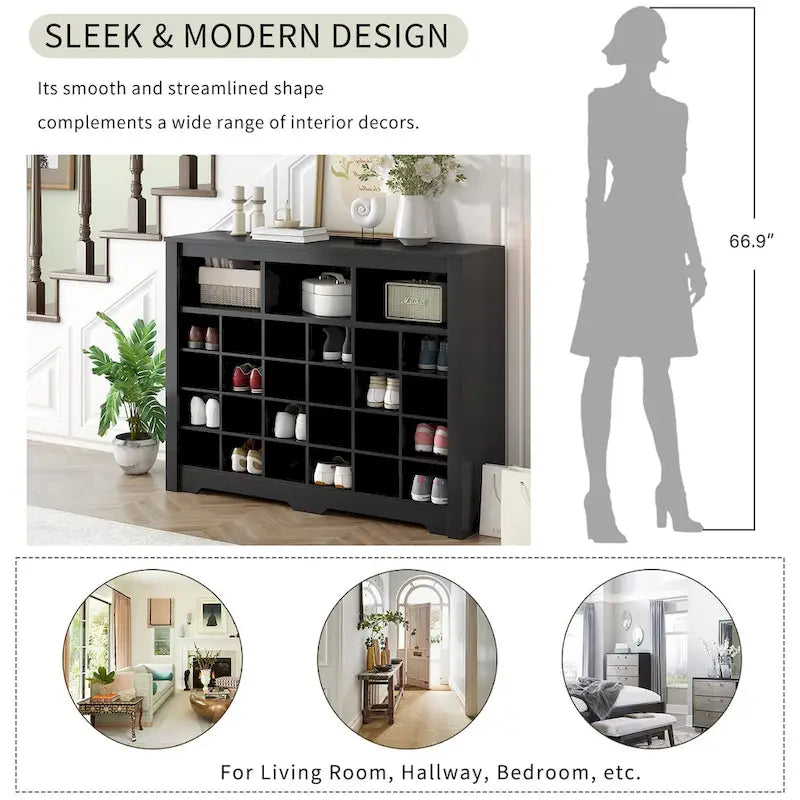 Meuble de rangement 24 compartiments pour chaussures au design élégant, meuble à chaussures moderne avec base incurvée, buffet polyvalent de haute qualité pour l'entrée