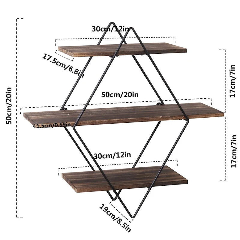 Étagères Murales Métalliques 3 Niveaux en Diamant Géométrique pour Rangement et Présentation à Domicile