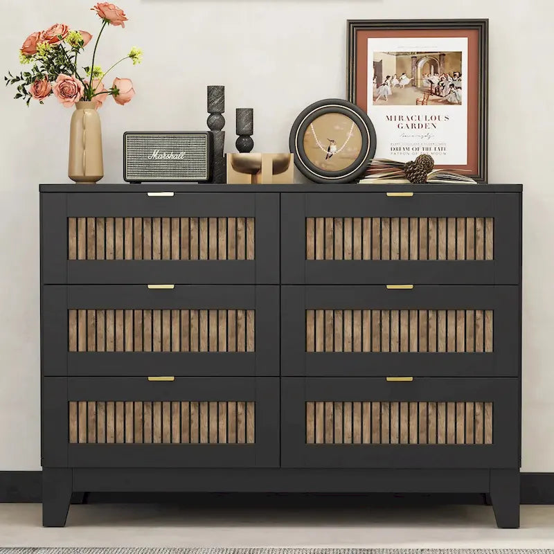 Commode en bois de style rustique/ferme avec 6 tiroirs, Armoire de rangement pour chambre avec poignées en métal