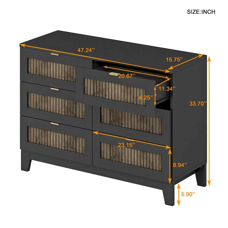 Commode en bois de style rustique/ferme avec 6 tiroirs, Armoire de rangement pour chambre avec poignées en métal