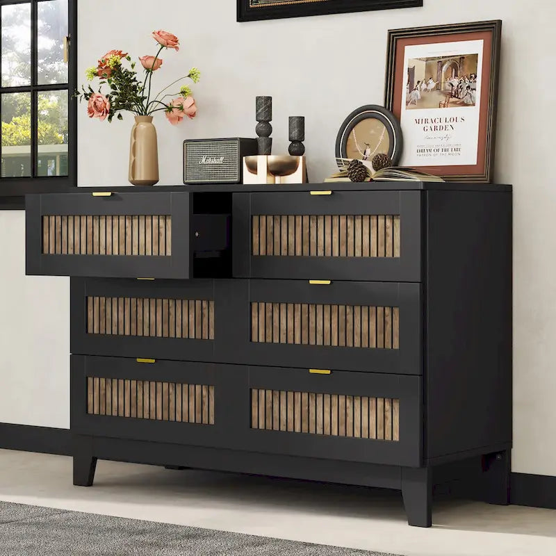 Commode en bois de style rustique/ferme avec 6 tiroirs, Armoire de rangement pour chambre avec poignées en métal