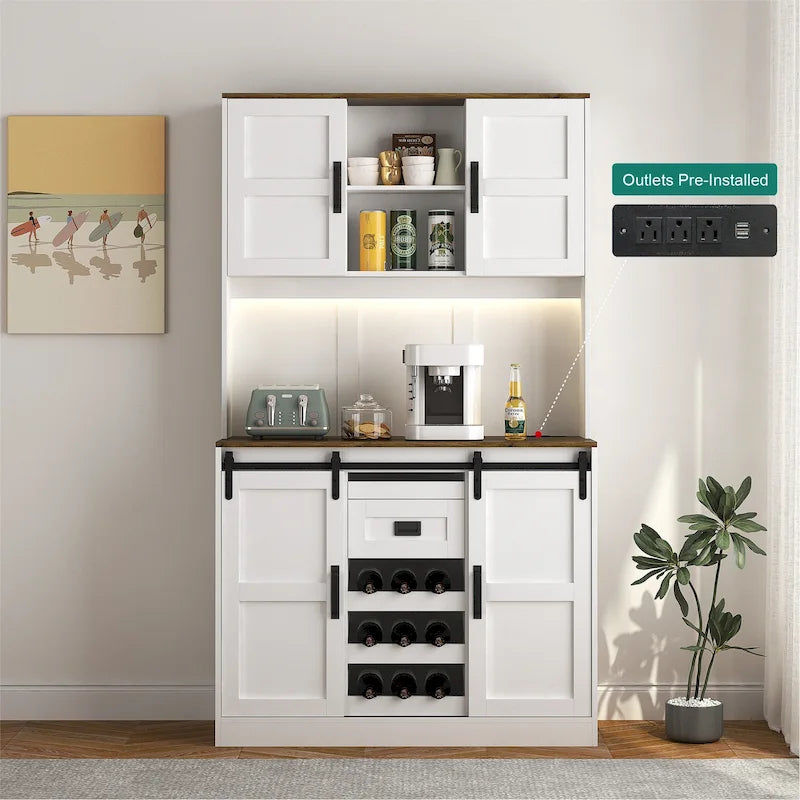 Meuble de bar de ferme avec porte coulissante en forme de grange, grand buffet de cuisine rustique pour café, table de service, blanc