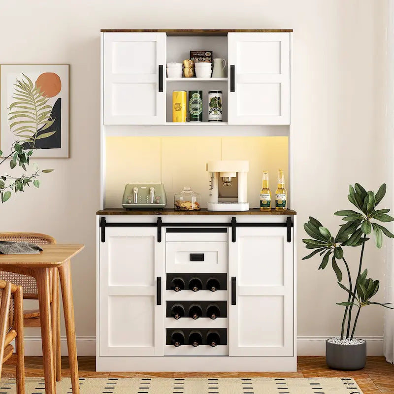 Meuble de bar de ferme avec porte coulissante en forme de grange, grand buffet de cuisine rustique pour café, table de service, blanc