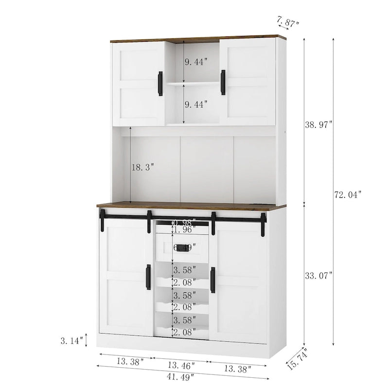Meuble de bar de ferme avec porte coulissante en forme de grange, grand buffet de cuisine rustique pour café, table de service, blanc