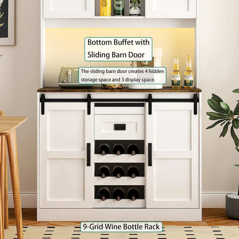 Meuble de bar de ferme avec porte coulissante en forme de grange, grand buffet de cuisine rustique pour café, table de service, blanc