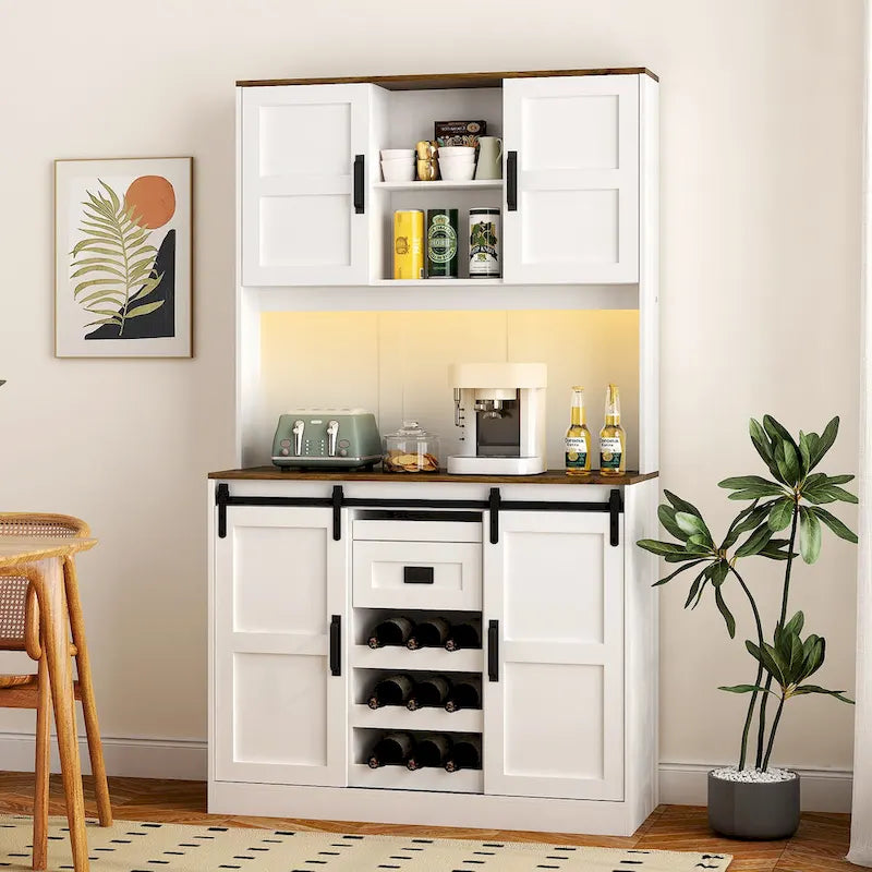 Meuble de bar de ferme avec porte coulissante en forme de grange, grand buffet de cuisine rustique pour café, table de service, blanc