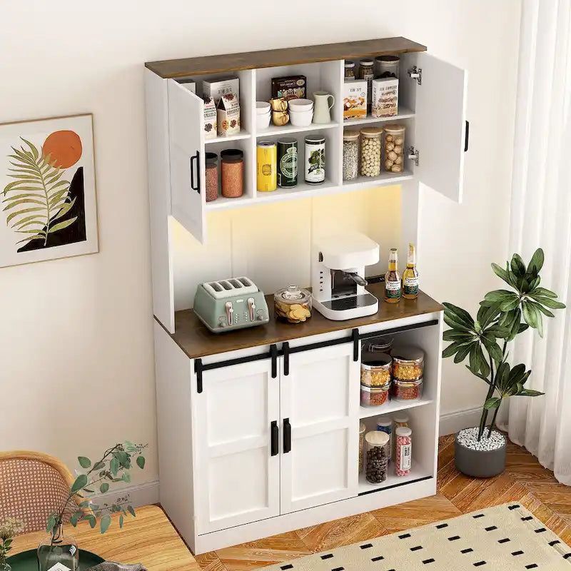 Meuble de bar de ferme avec porte coulissante en forme de grange, grand buffet de cuisine rustique pour café, table de service, blanc