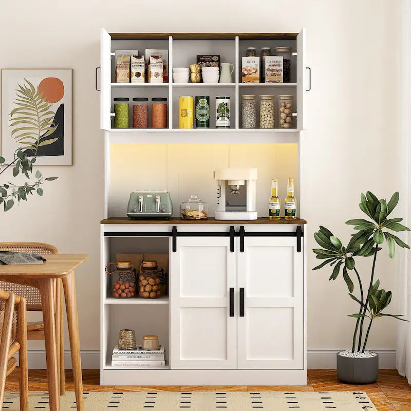 Meuble de bar de ferme avec porte coulissante en forme de grange, grand buffet de cuisine rustique pour café, table de service, blanc