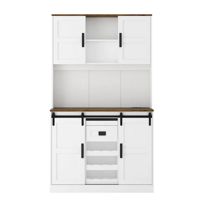 Meuble de bar de ferme avec porte coulissante en forme de grange, grand buffet de cuisine rustique pour café, table de service, blanc