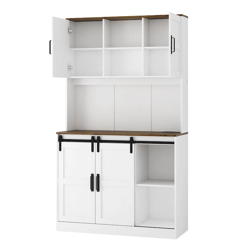 Meuble de bar de ferme avec porte coulissante en forme de grange, grand buffet de cuisine rustique pour café, table de service, blanc