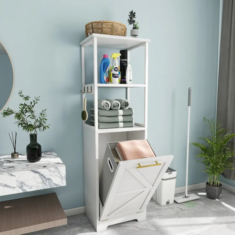 Meuble de Rangement de Salle de Bain 53H avec Panier à Linge Inclinable à 3 Niveaux