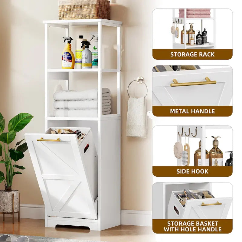 Meuble de Rangement de Salle de Bain 53H avec Panier à Linge Inclinable à 3 Niveaux