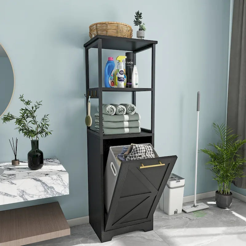 Meuble de Rangement de Salle de Bain 53H avec Panier à Linge Inclinable à 3 Niveaux