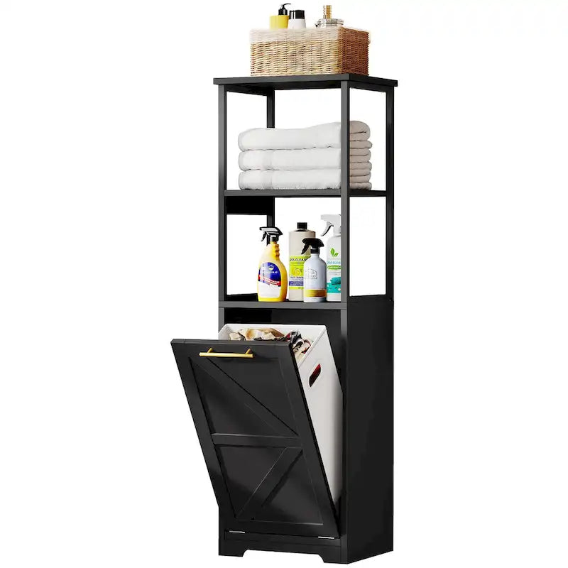 Meuble de Rangement de Salle de Bain 53H avec Panier à Linge Inclinable à 3 Niveaux