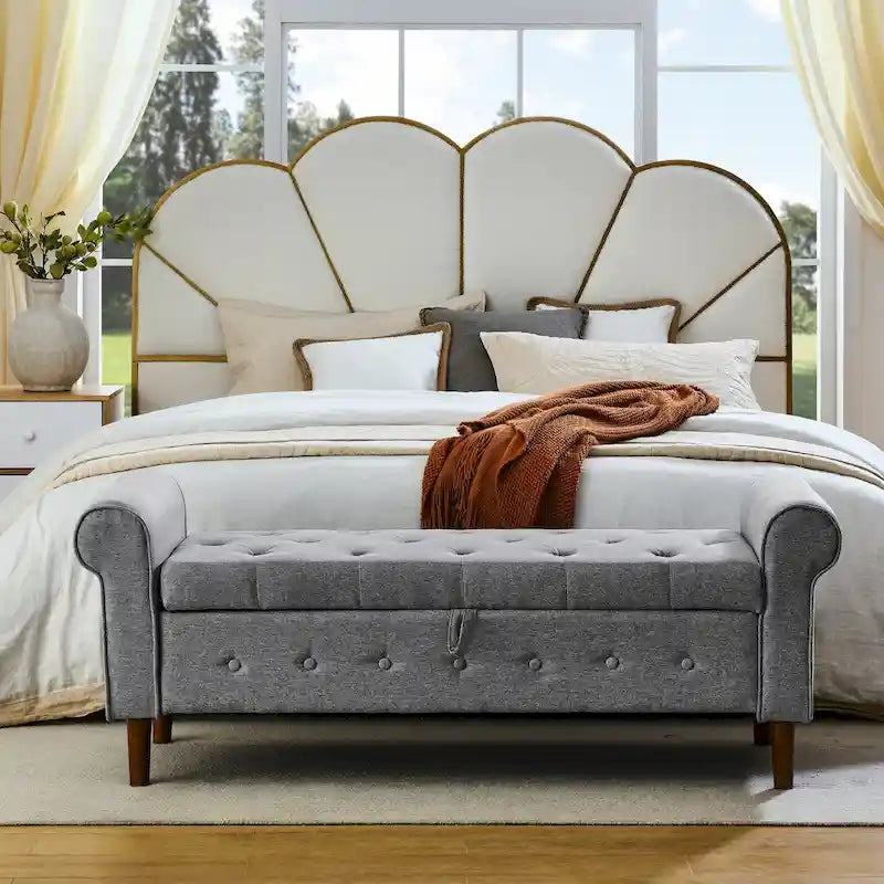 Banc de rangement capitonné à 62 boutons pour chambre à coucher, pouf ottoman moderne en tissu, banc de fenêtre, accoudoirs arrondis pour chambre à coucher