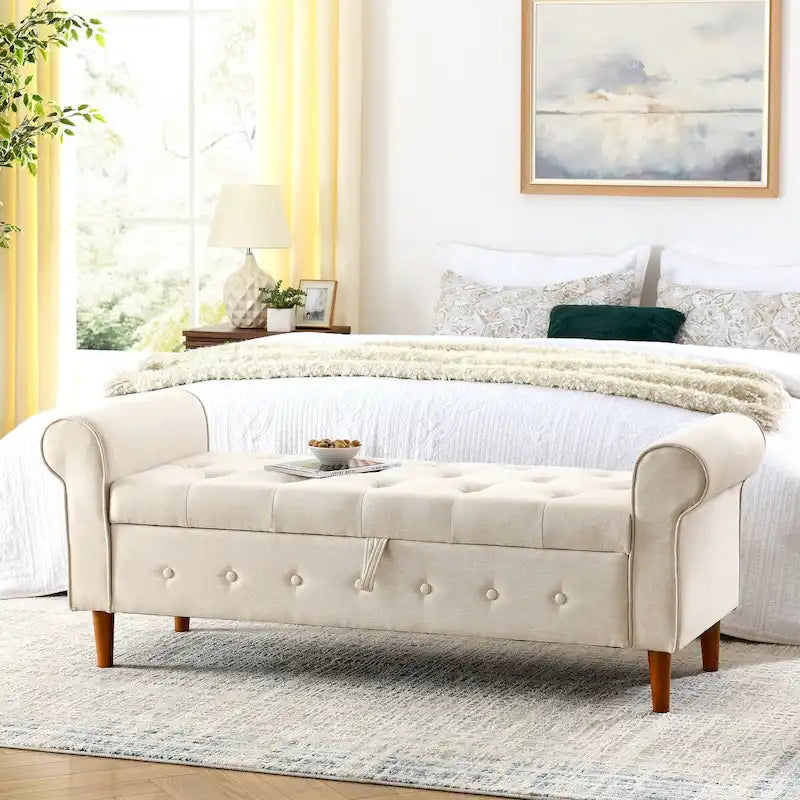 Banc de rangement capitonné à 62 boutons pour chambre à coucher, pouf ottoman moderne en tissu, banc de fenêtre, accoudoirs arrondis pour chambre à coucher