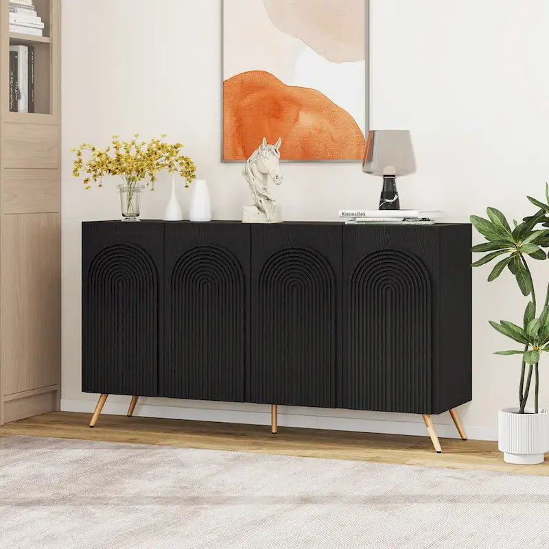 Vaisselier 3D sculpté à 4 portes en arche, buffet de rangement, buffet de bar à café moderne avec étagère réglable