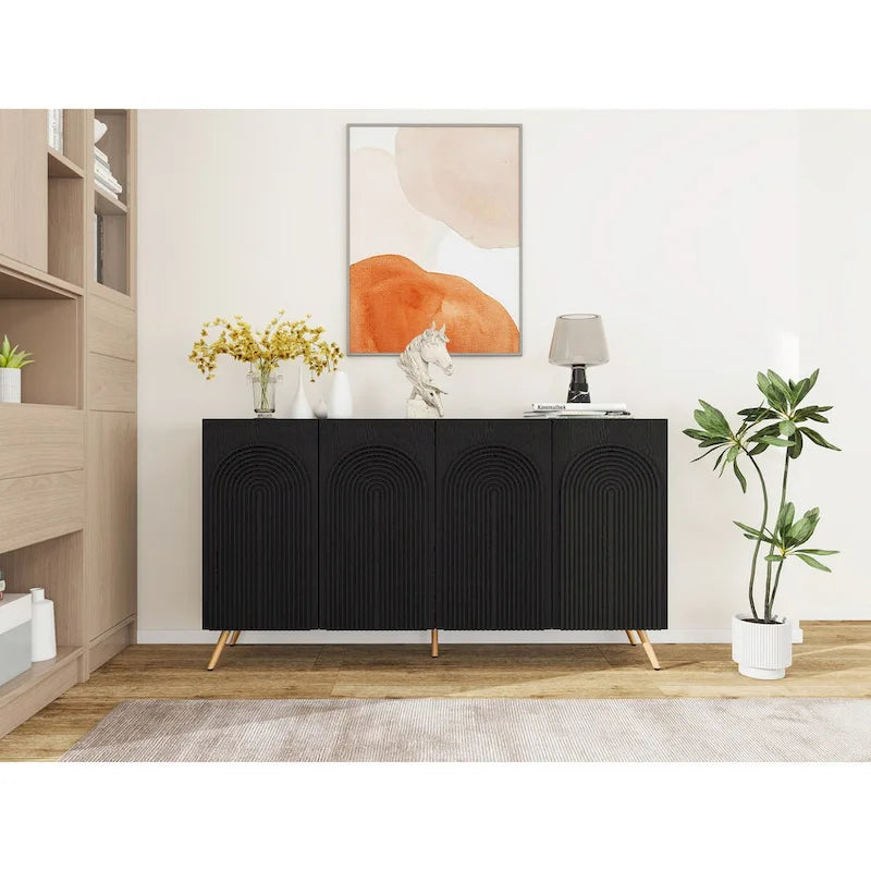 Vaisselier 3D sculpté à 4 portes en arche, buffet de rangement, buffet de bar à café moderne avec étagère réglable