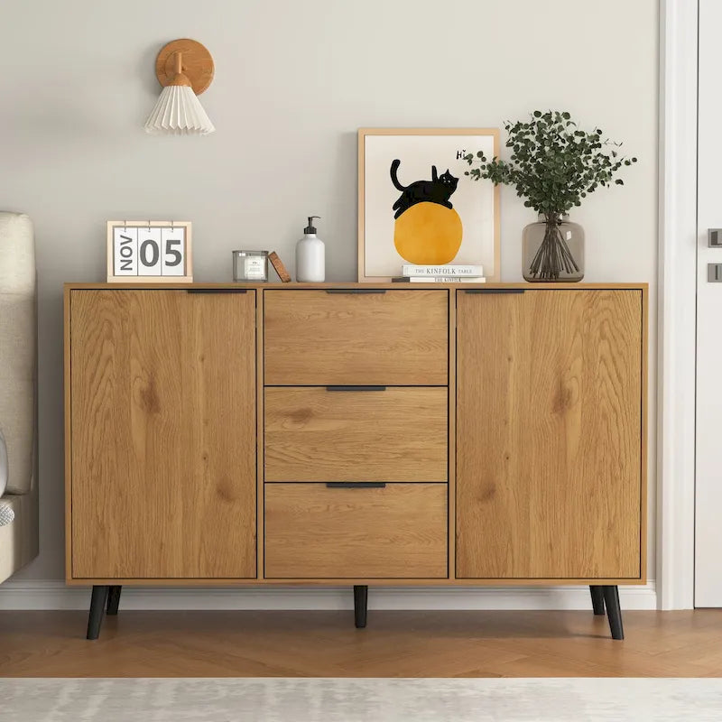 Bahut Commode, Meuble de Bar à Café, Meuble de 120 cm avec 3 Tiroirs et 2 Portes, Buffet de Cuisine Placard Naturel