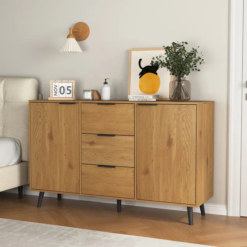 Bahut Commode, Meuble de Bar à Café, Meuble de 120 cm avec 3 Tiroirs et 2 Portes, Buffet de Cuisine Placard Naturel